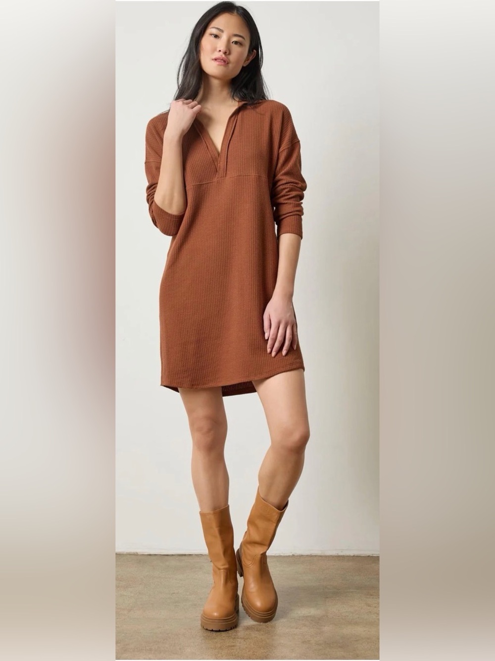 Lilla P Waffle-Knit Mini Dress in Brown Rust